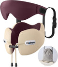 Inspireyes Neck Pillow, Travel Pillow with Seat Strap, 3D Sleep Mask, Dual Support Neck Head, High Supportive Foam Airplane Pillow for Long Flight Road Trip, Stop Bobblehead Travel Essential, Beige