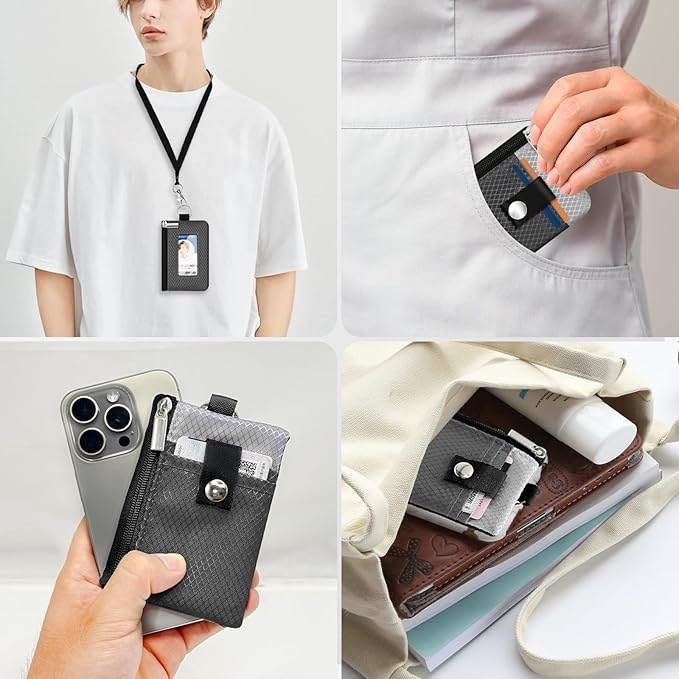 Minimalist RFID Blocking Small Wallet with ID Window,WaterResistant Zip Id Case Wallet with Lanyard Keychain for Cards,Cash,Travel,Women,Men (DardGray/LightGray)