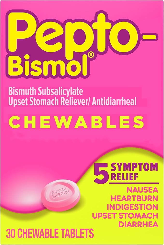 Pepto Bismol Chewable Tablets, Upset Stomach Relief, Nausea Relief, Heartburn Relief, Indigestion Relief, Anti Diarrhea Medication for Adults - 5 Symptom Relief, 30 ct