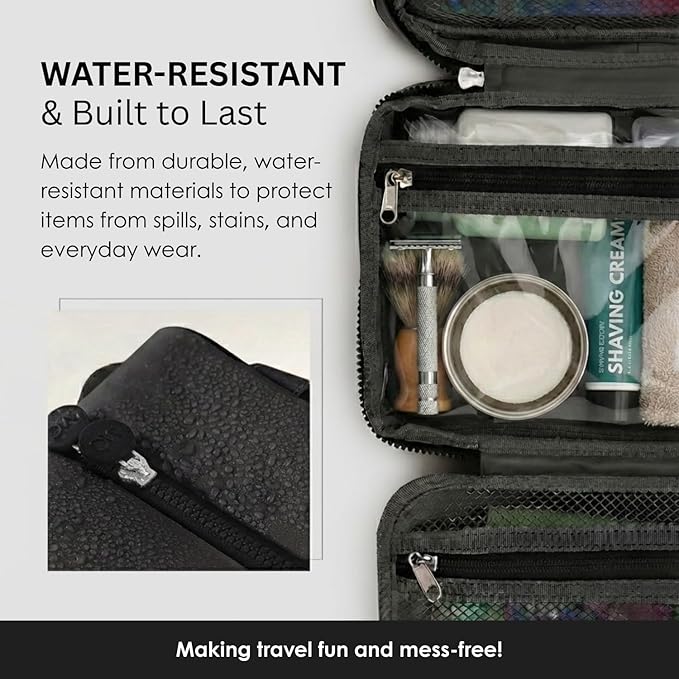 Travel Toiletry Bag for Men & Women, Large Capacity Makeup Organizer & Cosmetic Bag, Water-Resistant Portable Essentials Case with Metal Hook & Carry Handle - Perfect for Travel Use (Black, Large)