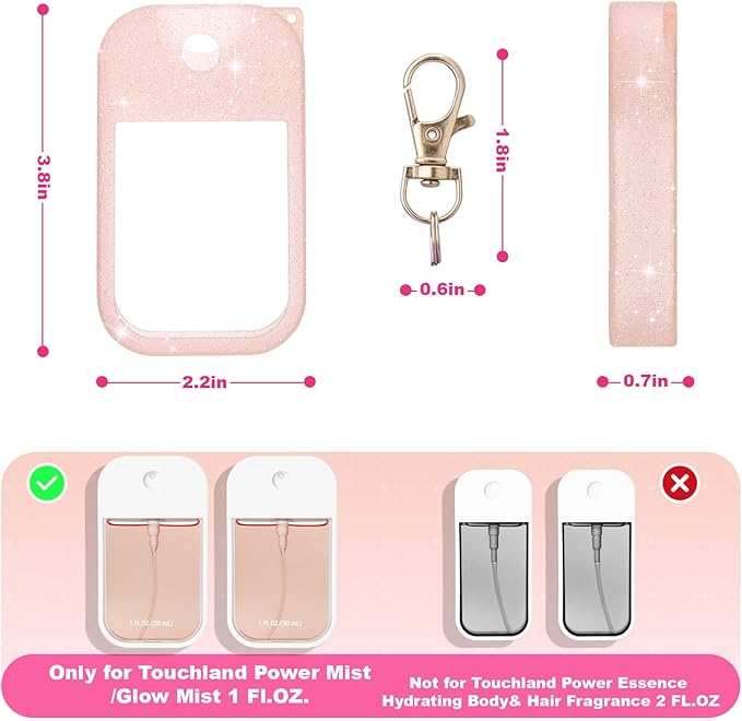 Palksky Hand Sanitizer Spray Glitter Case for Touchland,Silicone Case with Keychain for Power Mist and Glow Mist 1 fl oz(Glitter Sequin Blush Beige),Travel Size