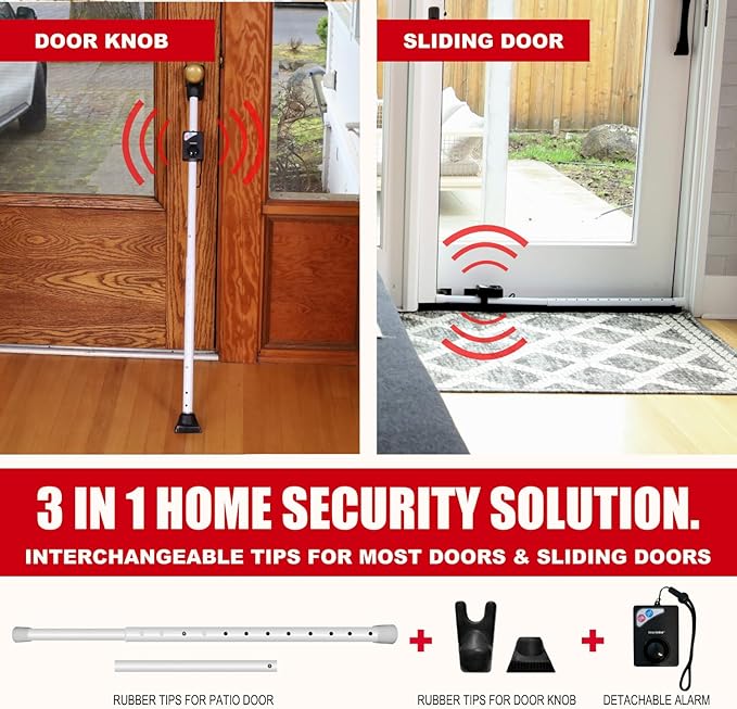 Securityman Door Security Bar with Alarm (Detachable) - 120dB Siren Door Stopper Alarm - Adjustable Jammer & Patio Bar - Strong, Withstands 400lbs - Home Protection