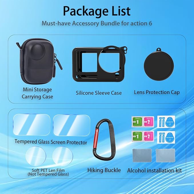 7-in-1 Accessories Kit for DJI Osmo Action 6, Included 2 Pack 9H Hardness Tempered Glass, Carrying Portable Storage Case with Carabiner Clip, Black Silicone Case