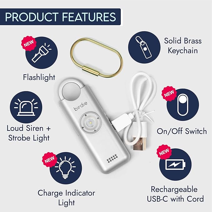 She’s Birdie 3.0 New Version – The Original Personal Safety Alarm for Women by Women–Loud Siren, Flash Light and Rechargeable Battery in a Variety of Colors (Metallic Silver Gray)