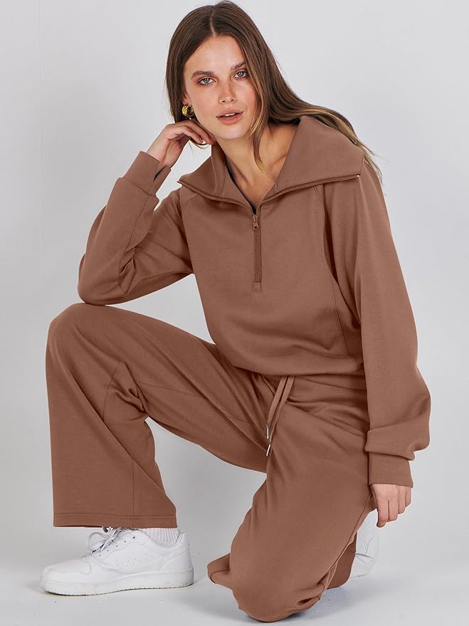 ANRABESS Women 2 Piece Outfits 2025 Fall Fashion Airport Wide Leg Pants Lounge Set Leisure Travel Vacation Clothes Sweatsuits