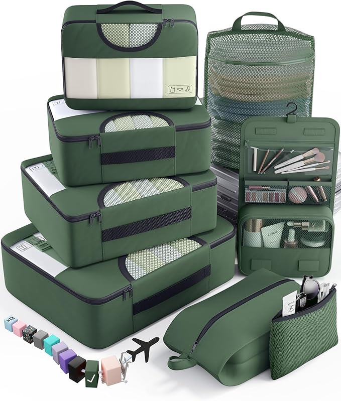 Veken 8 Set Packing Cubes for Travel Essentials, Suitcase Organizer Bags in 4 Sizes, Carry-On Luggage Accessories with Large Laundry Bag & Passport Holder, Must-Have for Airplane, Road Trip & Camping