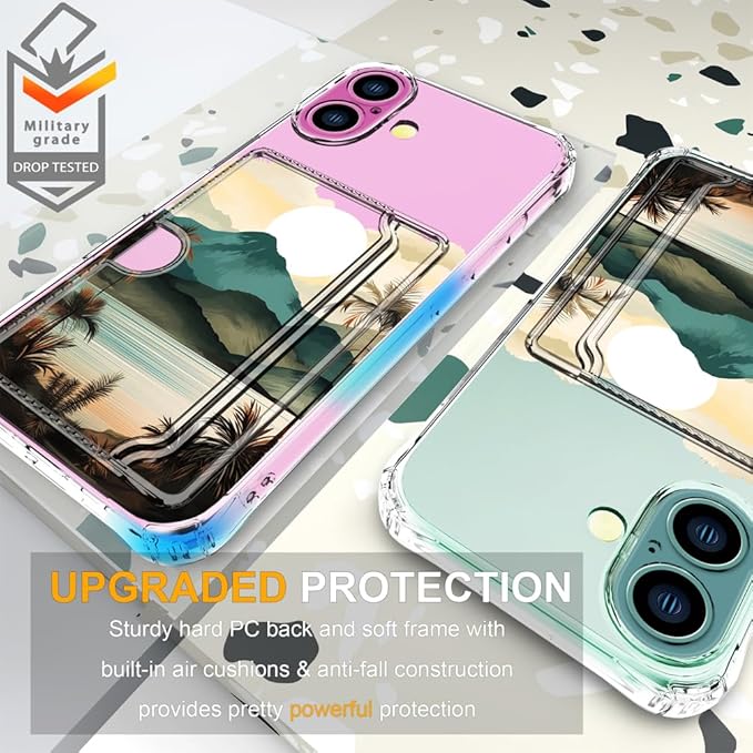 Compatible with iPhone 17 Case Card Holder for Women Cute Design,Wallet Phone Cases Transparent Cool Kawaii Protective (Clear Ocean Sun Mountains Sunset)