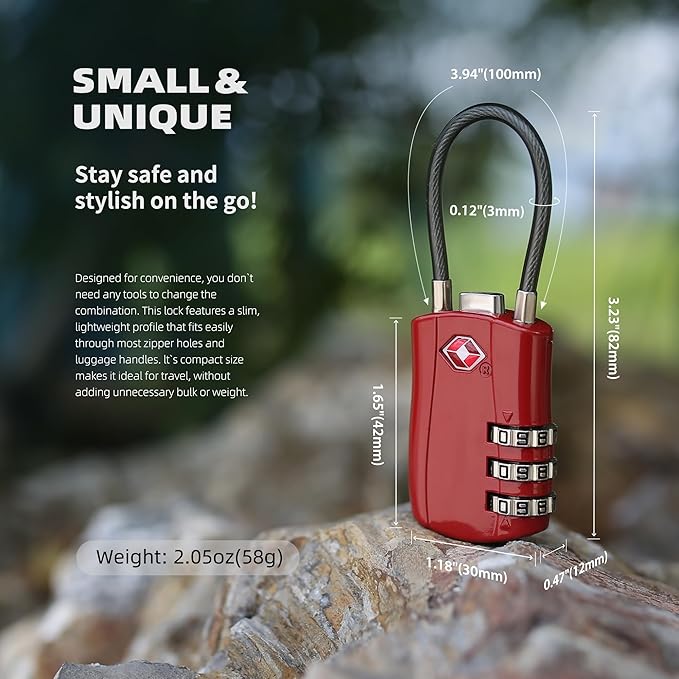 TSA Locks for Luggage, Small Padlock Combination with Cable, Luggage Locks TSA Approved, Combo Padlock with Code, for Travel Suitcase, Gym Locker, Gun Case, Backpack Zipper (Black+Red)