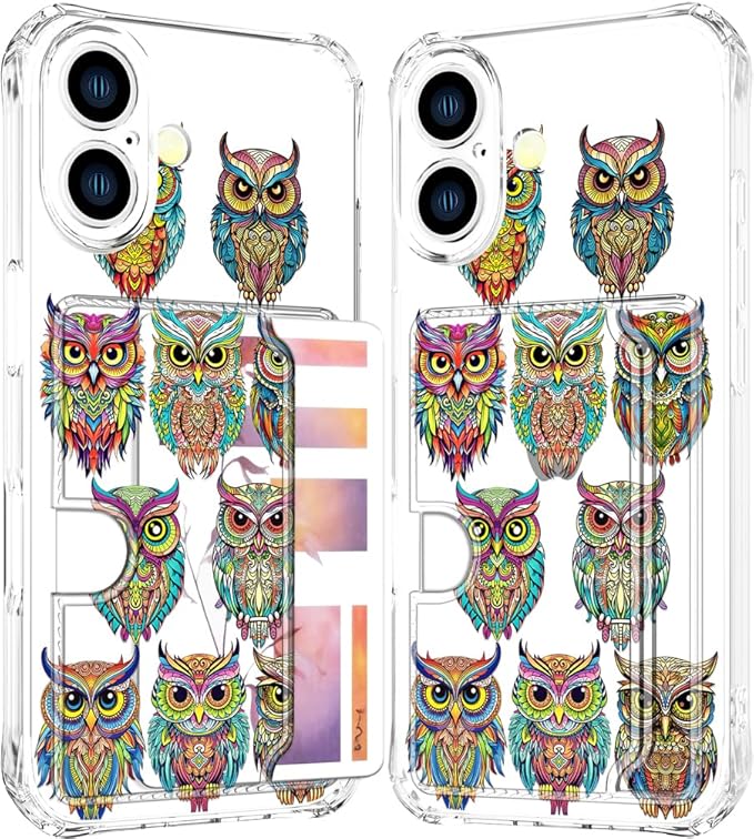 Compatible with iPhone 17 Case Card Holder for Women Cute Design,Wallet Phone Cases Transparent Cool Kawaii Protective (Clear Colorful Owls Cartoon)