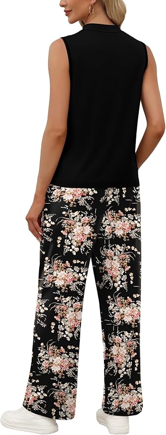 WIHOLL Two Piece Set for Women Summer Spring Outfits Cruise Travel Airport Beach Vacation Mock Neck Wide Leg Pants Set