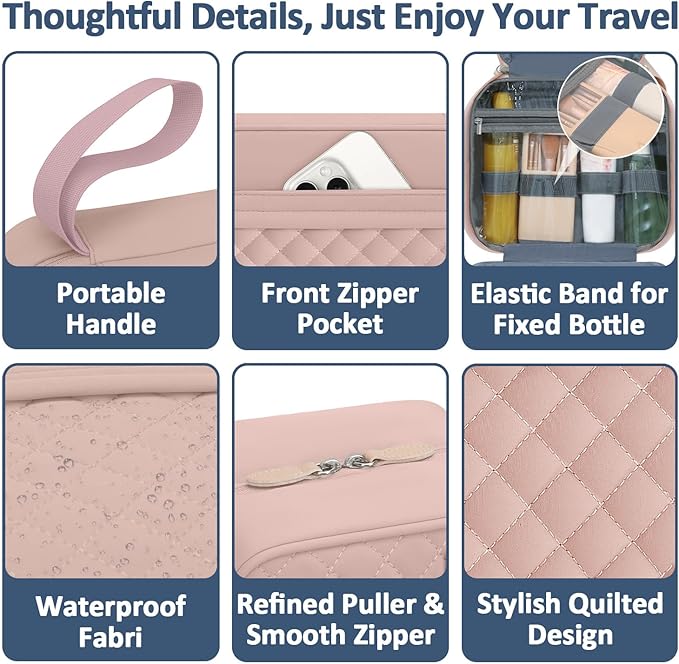Vankor Travel Toiletry Bag for Women with Hanging Hook, Waterproof TSA Approved Cometic Toiletry Bag Organizers Leakproof Make up Bags for Women Pink