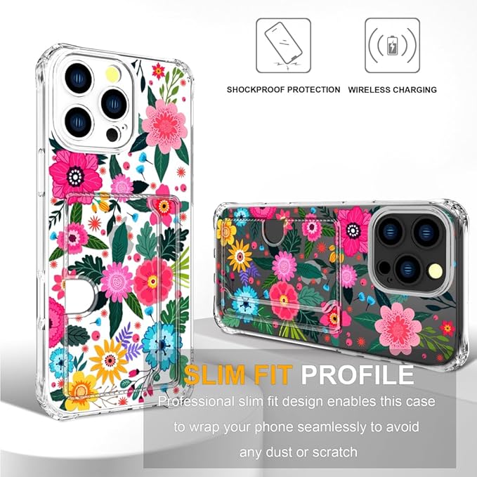 Compatible with iPhone 16 Pro Case Card Holder for Women Cute Design,Wallet Phone Cases Transparent Cool Kawaii Protective (Clear Floral Spring Blossom)