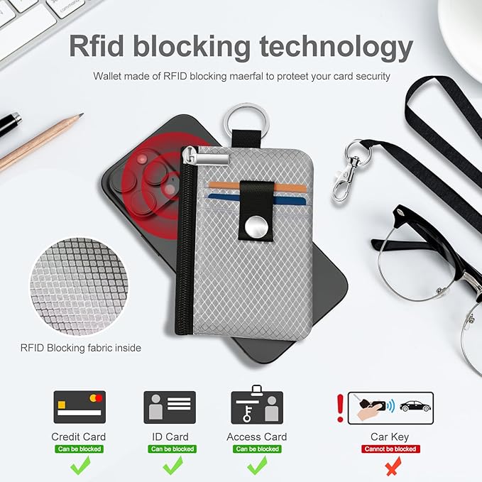 Minimalist RFID Blocking Small Wallet with ID Window,WaterResistant Zip Id Case Wallet with Lanyard Keychain for Cards,Cash,Travel,Women,Men (Light gray)