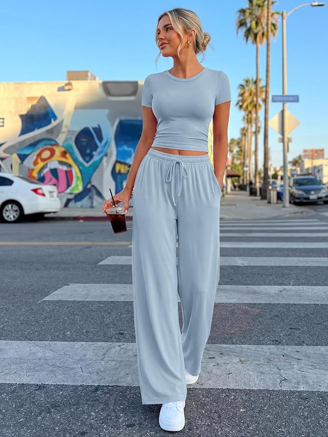 Trendy Queen 2 Piece Matching Summer Lounge Set Womens Side Ruching Top Wide Leg Pants Sets with Pockets