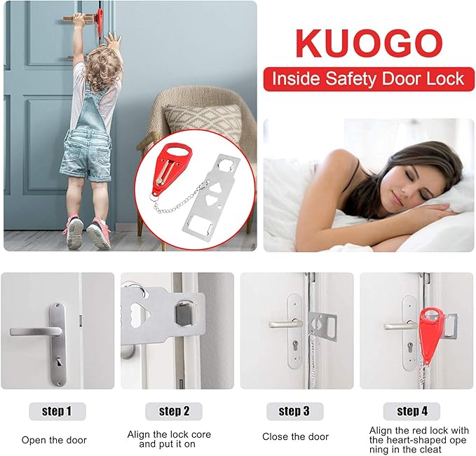 2 Pieces Red Portable Door Locks,Temporary Door Lockdown for Hotel Apartment, Provide More Security in an Unfamiliar Environment, Compact and Reliable Travel Essentials for Motels Dorm
