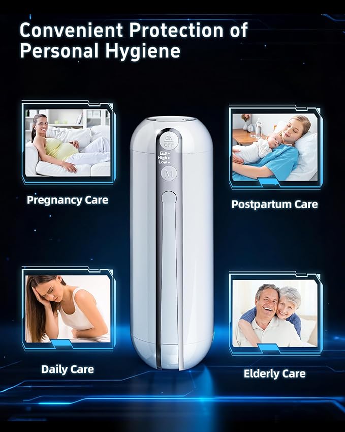 Electric Portable Bidet for Travel, Rechargeable USB-C Handheld High Pressure Sprayer, Camping 6.8oz Smart Foldable Water Storage, 2000mAh Battery Long Life, Personal Cleaner for Men & Women (White)