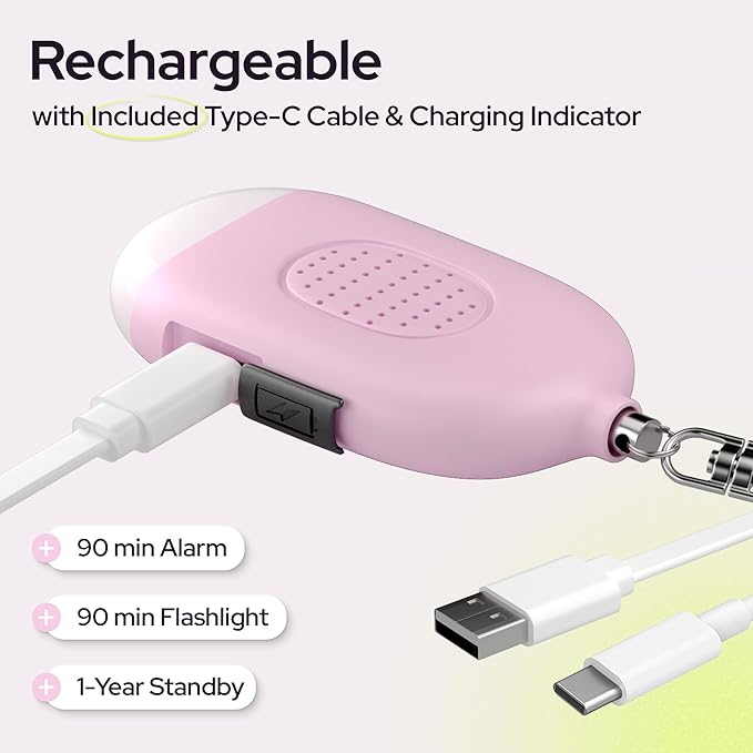 Weten Rechargeable Personal Alarm Keychain - 130dB Siren & LED Light - Stylish Personal Safety Alert for Women to Carry - Panic Button Alarm for Security - Rape Whistle for Self Defense (Pink)