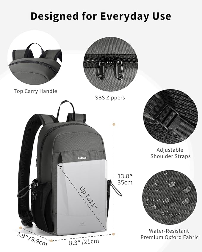 ECOHUB Mini Anti-Theft RFID Backpack for Women and Men, Water-Resistant, Lightweight Travel Daypack with iPad Sleeve, Key Holder, 9 Pockets, Daily Short Trips, Grey