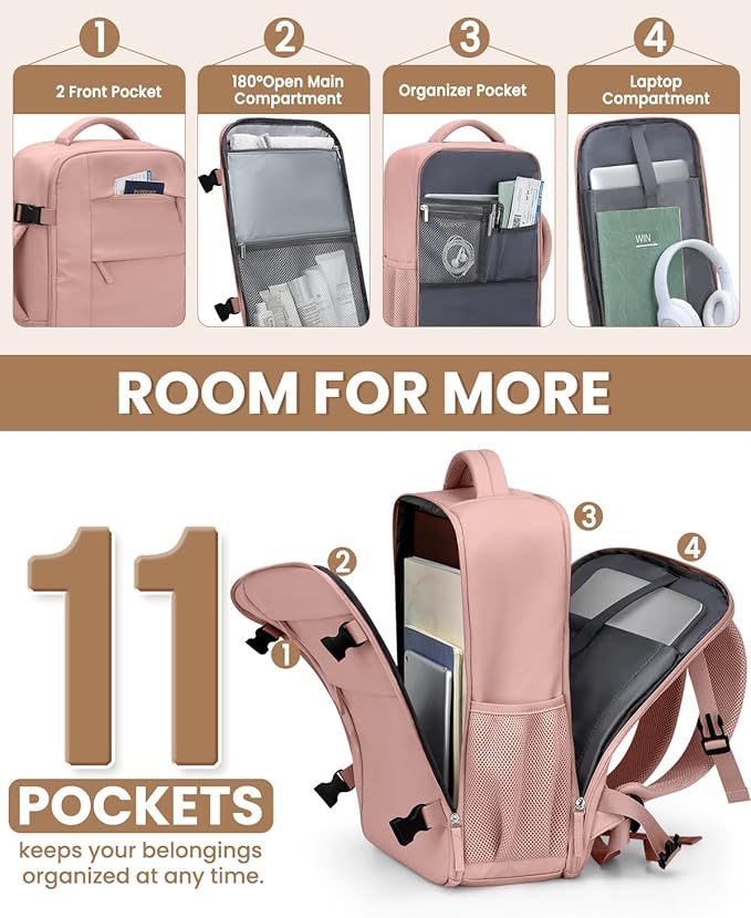 Pritent Travel Backpack for Women Man, Waterproof Personal Item Travel Bag Airline Approved Laptop Backpack Bookbag Weekender bags for Business,Travel, Work Fits 15.6 inch Laptop(Medium,Pink)