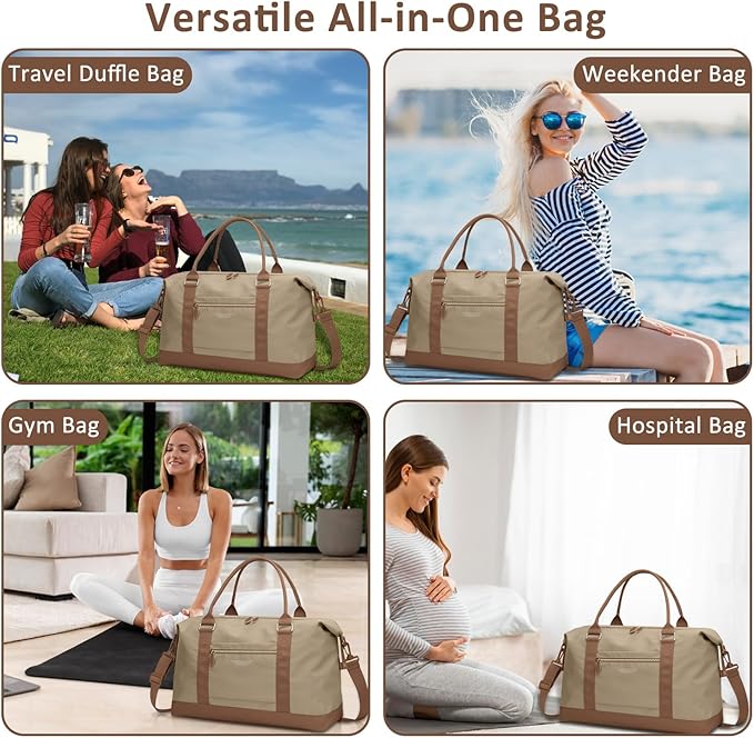 ELONGRIVER Travel Duffle Bag for Women, Weekender Bags, Hospital Bag for Labor Delivery, Lightweight Tote Duffel Overnight Bag with Luggage Sleeve, Airplane Travel Bags with Toiletry Bag, Large, Khaki