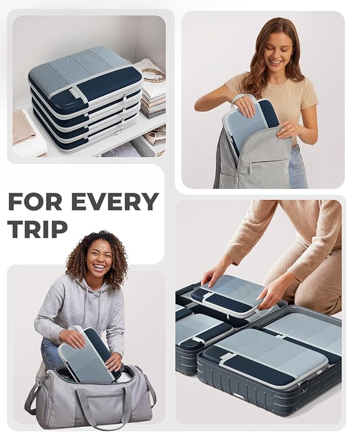 Percover Compression Packing Cubes 8-Piece Set, Packing Cubes Compression for Travel with Laundry Bag & Shoe Bag, Travel Organizer for Carry On & Checked Luggage, Navy Blue