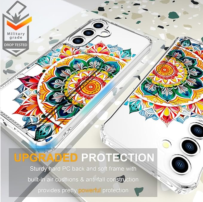Compatible with Samsung Galaxy S24+ Plus / S25+ Plus Case Card Holder for Women Cute Design,Wallet Phone Cases Transparent Cool Kawaii Protective (Clear Mandala Henna Flower)