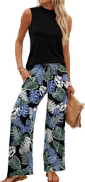 WIHOLL Two Piece Set for Women Summer Spring Outfits Cruise Travel Airport Beach Vacation Mock Neck Wide Leg Pants Set