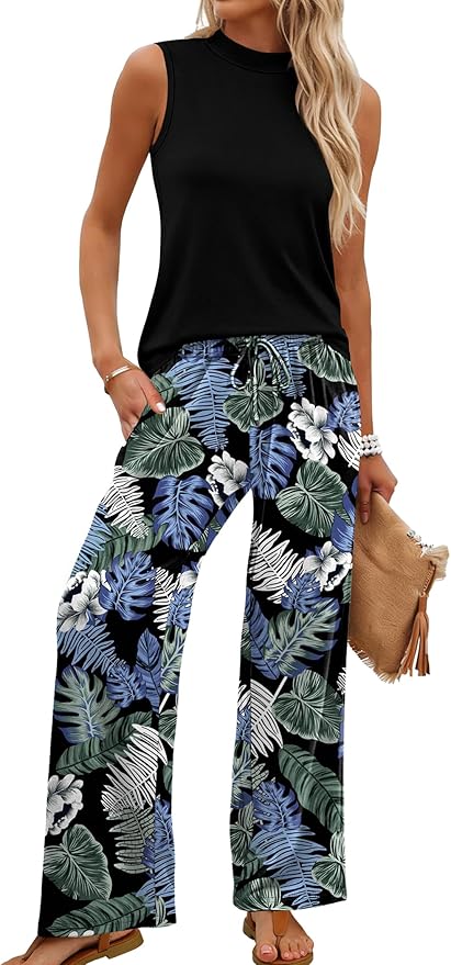 WIHOLL Two Piece Set for Women Summer Spring Outfits Cruise Travel Airport Beach Vacation Mock Neck Wide Leg Pants Set