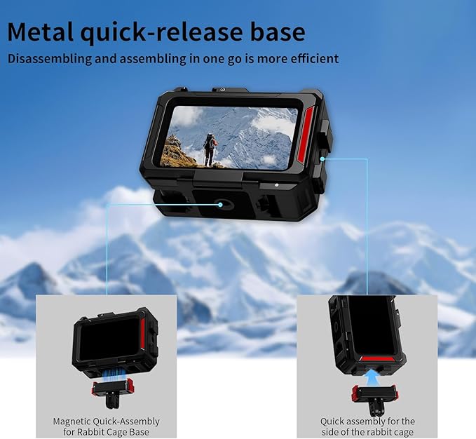Camera Cage for DJI Osmo Action 6 Case,Release Aluminum Base with 1/4" Thread & Foldable Connector for Tripods,Silicone Lens Guard Cap, Supports Vertical & Horizontal Shooting
