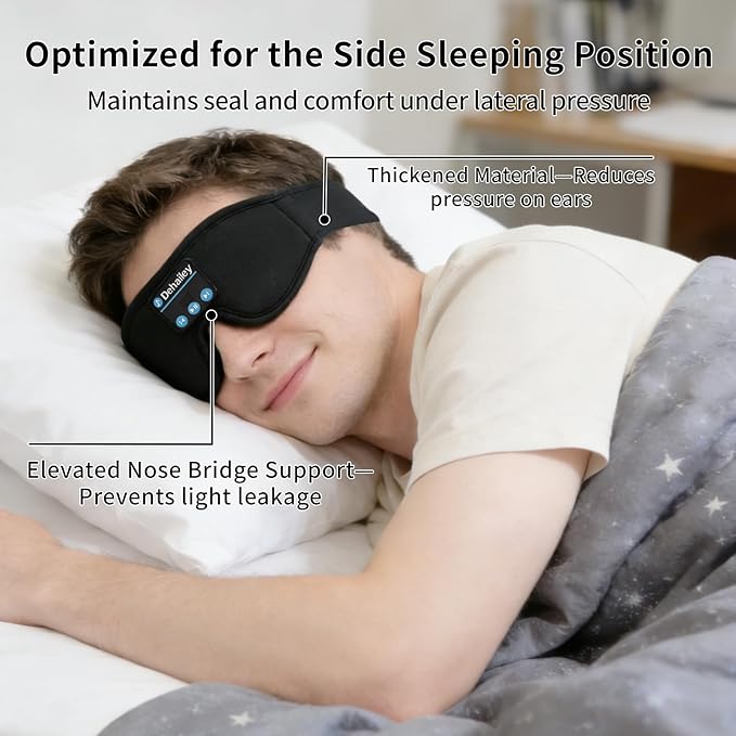 Sleep Mask with Bluetooth Headphones, 100% Light Blocking Sleep Headphones for Side Sleepers Men Women, Eye Mask with Thin Stereo Speakers, Soft Eye Cover for Travel Gift (Plus Size)