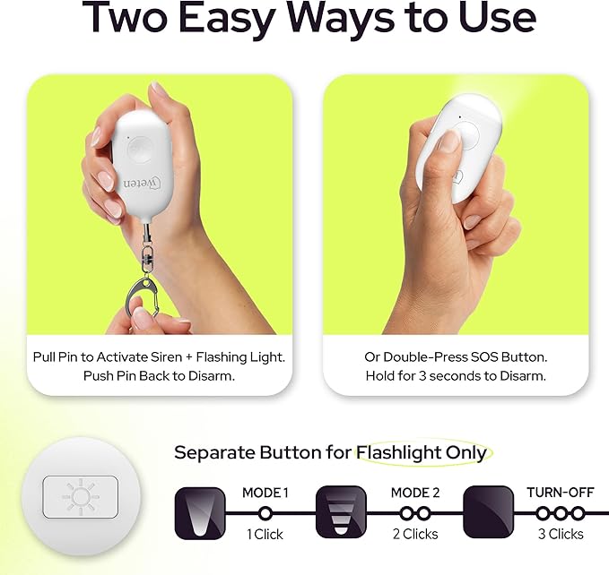 Weten Rechargeable Personal Alarm Keychain - 130dB Siren & LED Light - Stylish Personal Safety Alert for Women to Carry - Panic Button Alarm for Security - Rape Whistle for Self Defense (White)