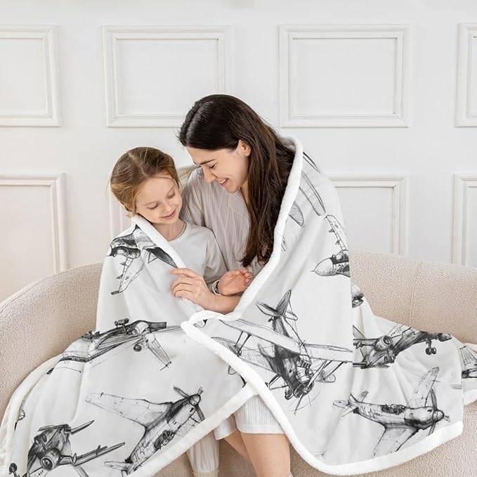 Airplane Kids Throw Blanket,American Aircraft Retro Bed Blanket for Girls Boys Adults,Air Vehicles Airplane Fleece Blanket,Black White Chic Fuzzy Blanket,40 x 50 Inches