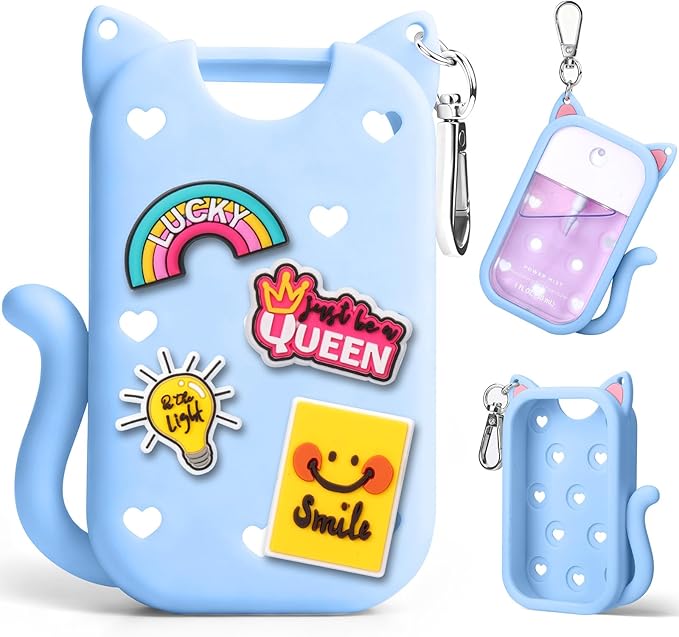 Juome Silicone Case for Touchland Hand Sanitizer Spray with Keychain & Charms, Cat Protective Holder Compatible with Touchland Power Mist & Glow Mist 1 FL Oz/30ML,Travel Cover Sleeve Accessory (Blue)