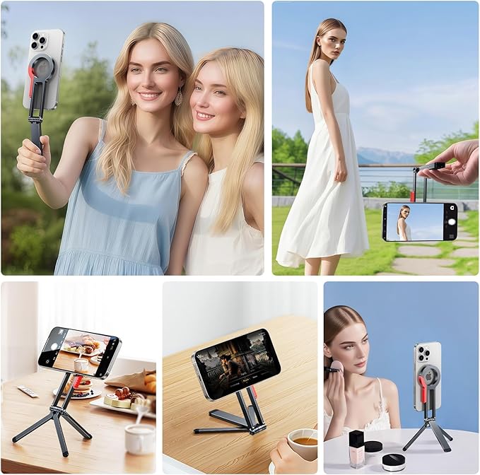 for MagSafe Magnetic Phone Tripod Stand for iPhone & Android Phone, Portable Mini Pocket Tripod Holder, Foldable Aluminum Small Holder with Carabiner Clip for iPhone 16/15/14/13 /12 Series, Black
