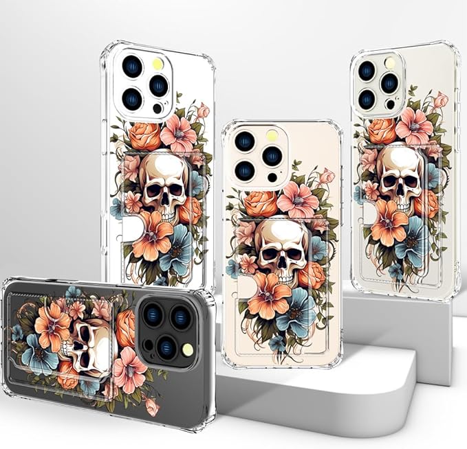 Compatible with iPhone 16 Pro Case Card Holder for Women Cute Design,Wallet Phone Cases Transparent Cool Kawaii Protective (Clear Skull & Flowers)