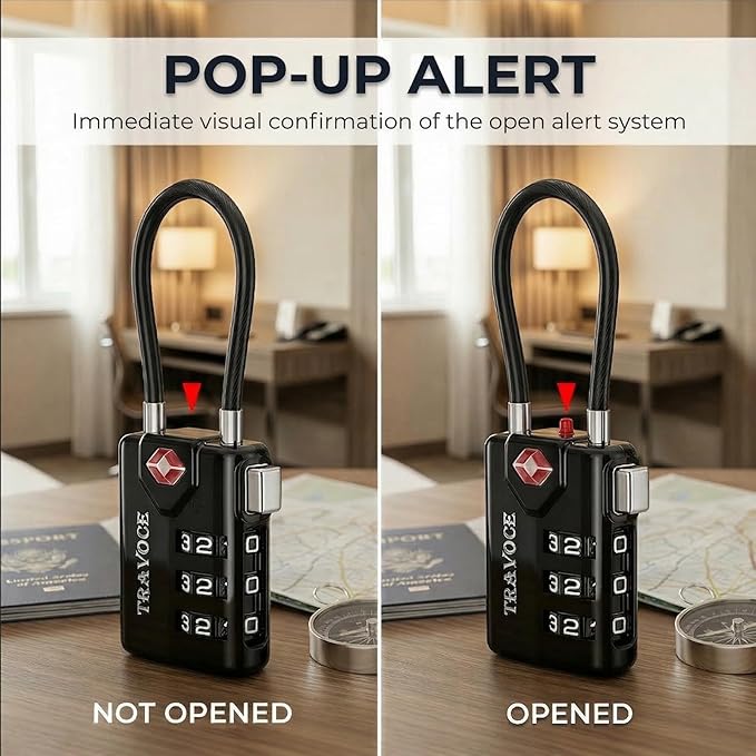 TRAVOCE TSA Approved Luggage Locks - Heavy Duty 3 Digit Combination Cable Lock, Search Alert for Suitcases, Backpacks, Golf Bags, Tents, Violin and Camera Cases, 1 Pack, Black