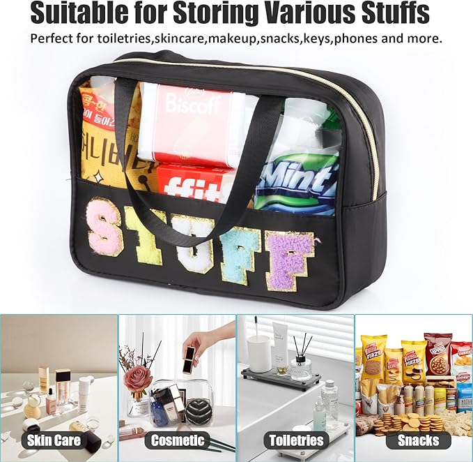 BuyCard Chenille Letter Patch Clear Travel Bags, Preppy PVC&Nylon Makeup Bag with Handle and Zipper, Waterproof Large Clear Travel Toiletry Bag Storage Bag for Women Girls