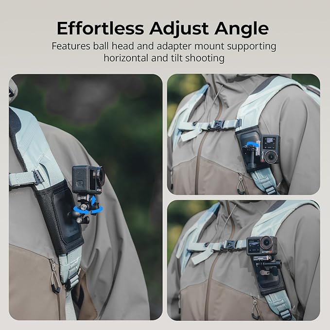 SMALLRIG Backpack Strap Mount for GoPro Hero 13/12/11, for DJI Osmo Nano Action 6/5 Pro/4/Pocket 3, for Insta360 X5/4/3/Ace Pro 2, Hook and Loop Fastener Clip Mount with Ball Head Adapter Base -5721