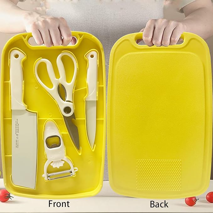 Cutting Board and Knife Set, 5 In1 Travel Cutting Boards And Knife Travel Cutting Board Kitchen Scissors and Peeler For Kitchen (Yellow)