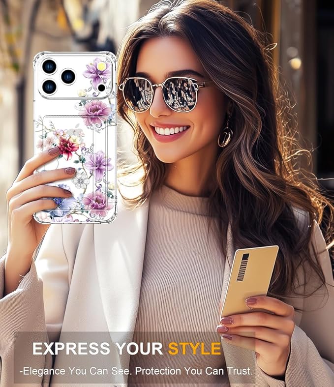 Compatible with iPhone 17 Pro Case Card Holder for Women Cute Design,Wallet Phone Cases Transparent Cool Kawaii Protective (Clear Wonderful Large Flowers)