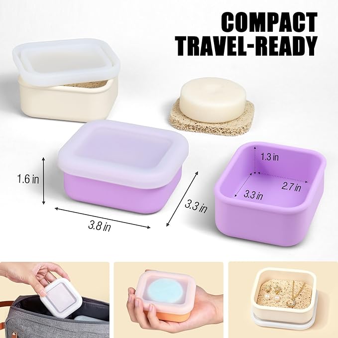 OTHIX 2 Pack Leakproof Silicone Travel Soap Case Travel Essentials-Small Bar Soap Holder Container with Drainage Layer & Mini Portable Soap Dish for Shampoo Bars, Gym, Camping (Cream & Light Purple)