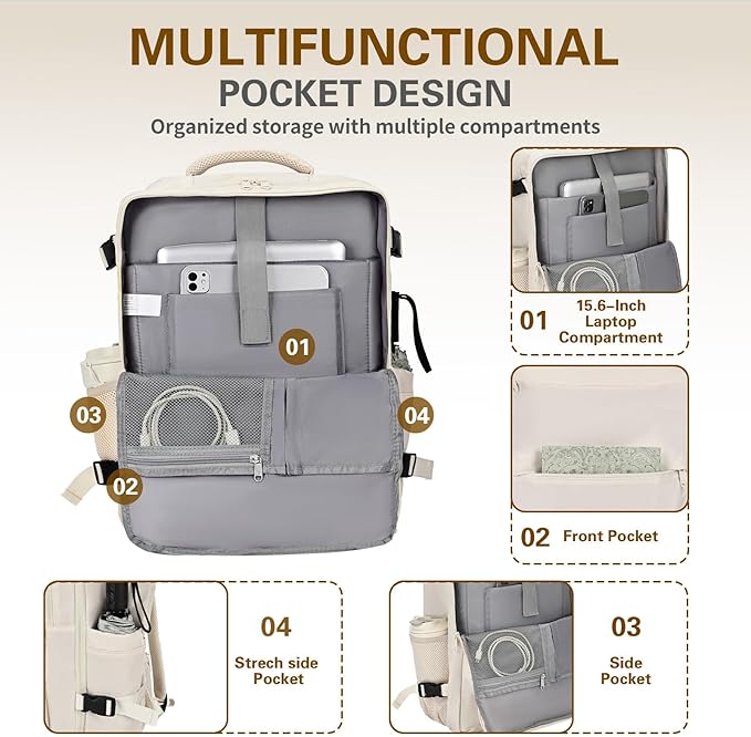 Carry On Backpack for Women & Men – Airline Approved Underseat Size, 15.6" Laptop Compartment, TSA-Friendly 180° Opening, Anti-Theft Business Travel Backpack with Trolley Sleeve (Ivory, Large)