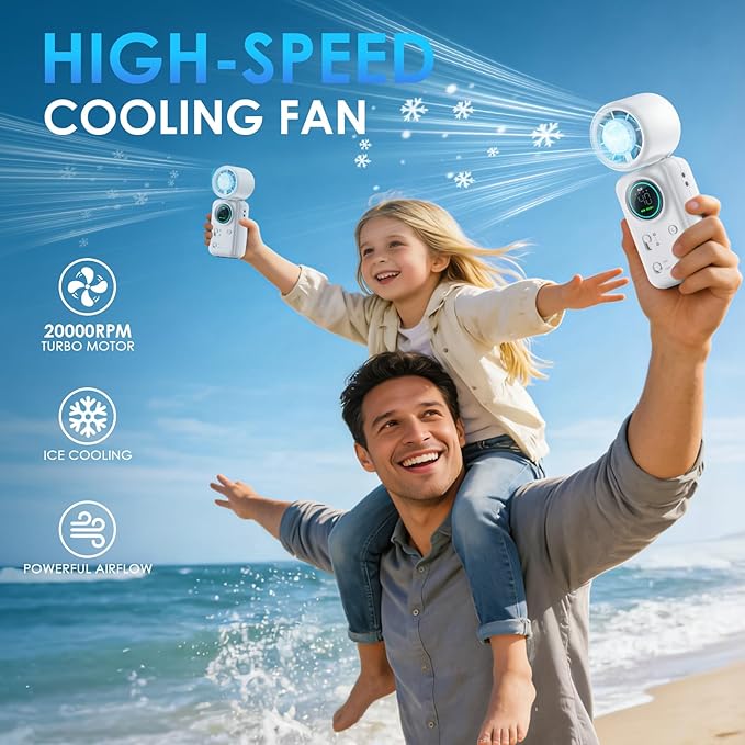 FurBall 4-IN-1 Portable Handheld Fan with Ice Cooling, High-speed Turbo Power 100 Gear Adjustable, LED Display, 6000mAh Rechargeable Battery, Foldable & Quiet Personal Fan for Travel, Office, Outdoor