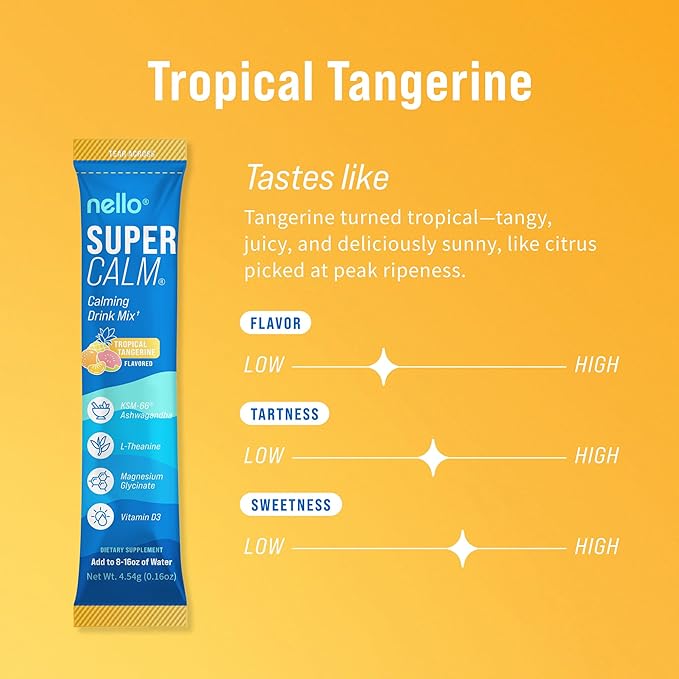 Nello Supercalm Powdered Drink Mix, Cortisol Reducer* and Sleep Aid Supplement, L Theanine, Ksm-66 Ashwagandha, Magnesium Glycinate, Vitamin D 3, No Sugar, Non GMO, 20 Ct, Tropical Tangerine
