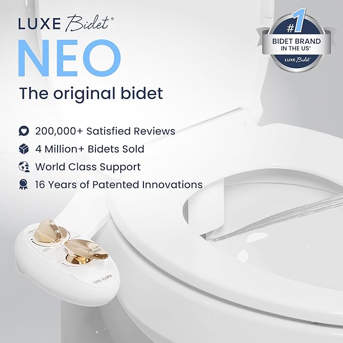 LUXE Bidet NEO 320 - Warm Water, Dual Nozzle, Self-Cleaning, Non-Electric Bidet Attachment for Toilet Seat, Adjustable Water Pressure, Rear & Feminine Wash (Gold)