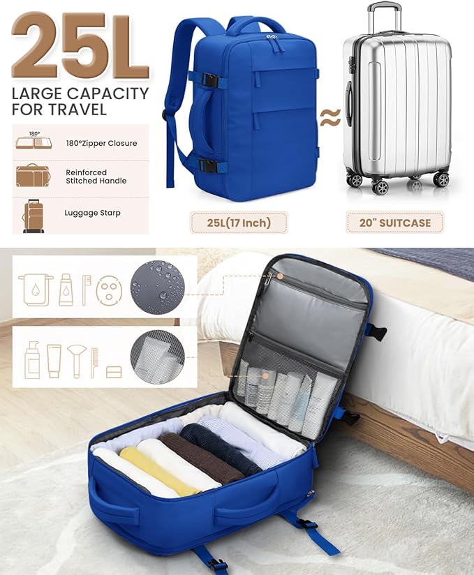 Pritent Travel Backpack for Women Man, Waterproof Laptop Backpack Travel Bag Airline Approved Carry on Weekender Overnight Bag Bookbag for Business,Travel, Work Fits 17.3 inch Laptop(Large,Royal Blue)