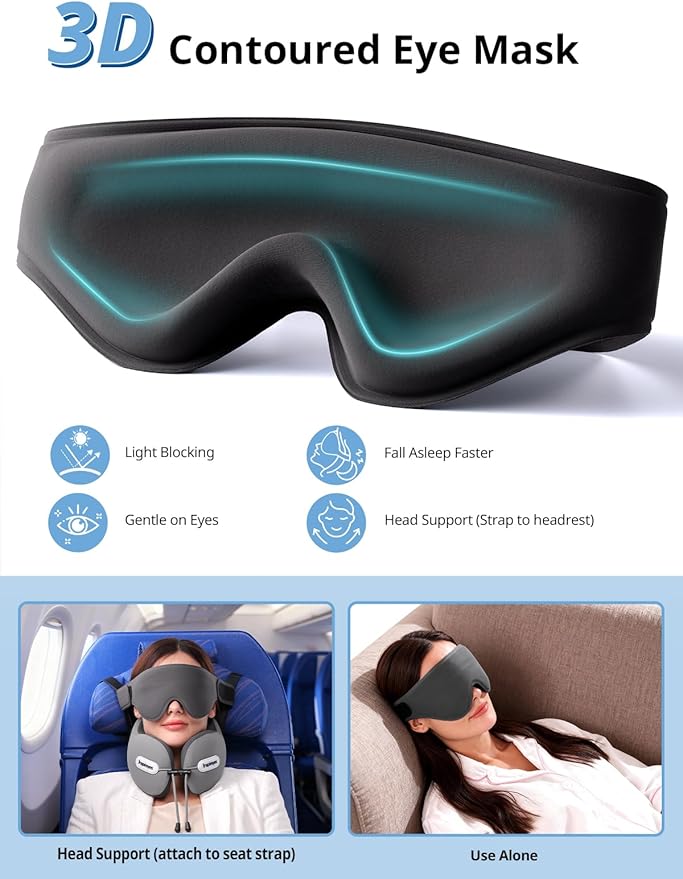 Inspireyes Neck Pillow, Travel Pillow with Seat Strap, 3D Sleep Mask, Dual Support Neck Head, High Supportive Foam Airplane Pillow for Long Flight Road Trip, Stop Bobblehead Travel Essential, Beige