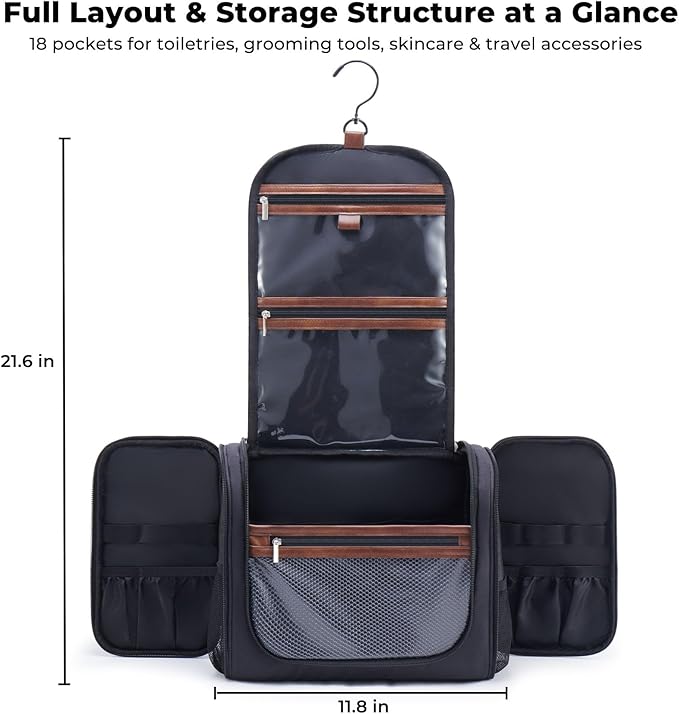 Ralnitote Large Hanging Toiletry Bag for Men, Travel Bathroom Bag with Hook, Hygiene Bag Organizer for Shower, Shaving & Grooming Essentials, Black