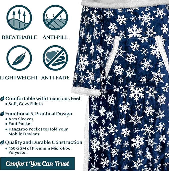 PAVILIA Sherpa Blanket with Sleeves, Foot Pocket for Women Men Adults, Thick Wearable Blanket Throw Wrap, Fleece Warm Snuggle Blanket Robe, Cozy Gift Ideas Wife Mom, Snowflake Blue