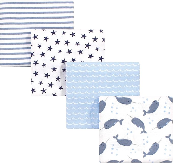 Hudson Baby Unisex Baby Cotton Flannel Receiving Blankets, Narwhal, One Size